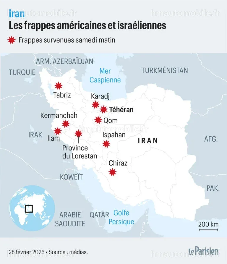 Trois cartes détaillant les zones touchées par les frappes au Moyen-Orient.